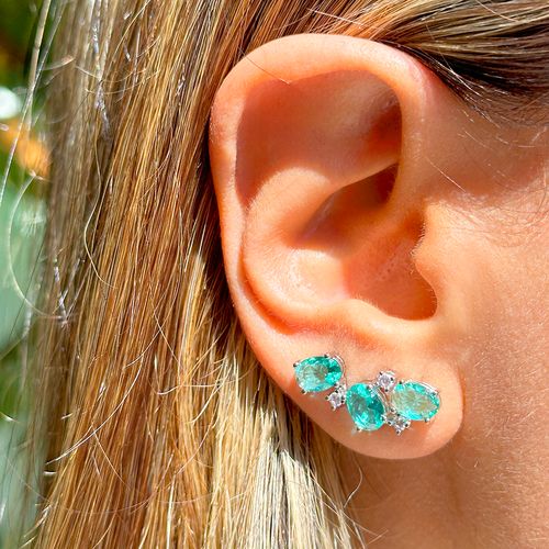 Brinco Ear Cuff Cristal Paraíba Oval Banho de Ródio Branco