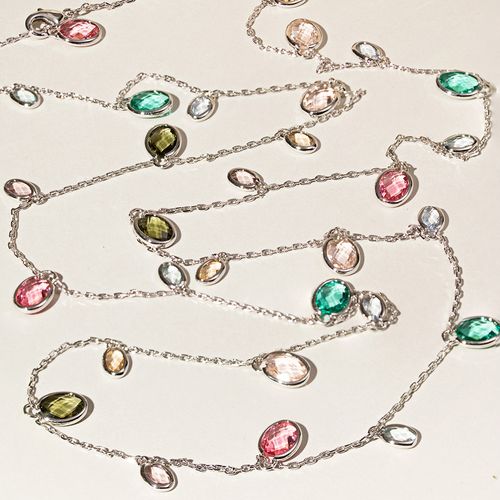 Colar Ovais Cristal Peridoto Banho de Ródio Branco 80cm