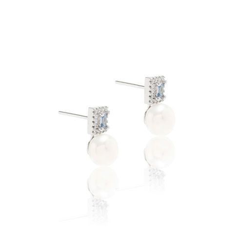 Brinco cristal topázio azul com pérola banho de ródio branco