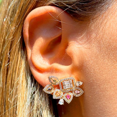 Brinco Leque de Gotas Cristal Turmalina Rosa Banho de Ouro 18k