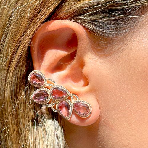 Brinco Ear Cuff Labirinto de Gotas cristal Rodolita Cravejado Banho de Ouro 18k