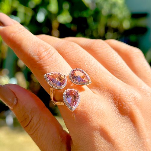 Anel Trio Gotas Cristal Rodolita Banho de Ouro 18k