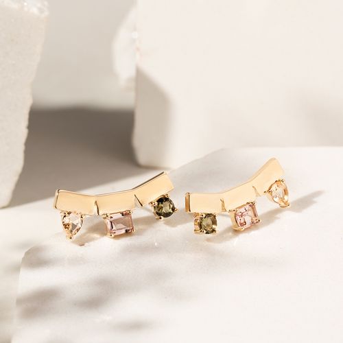 Brinco Ear Cuff Formas Cristal Rodolita, Cristal Morganita e Cristal Peridoto com Placas Lisas Banho de Ouro 18k