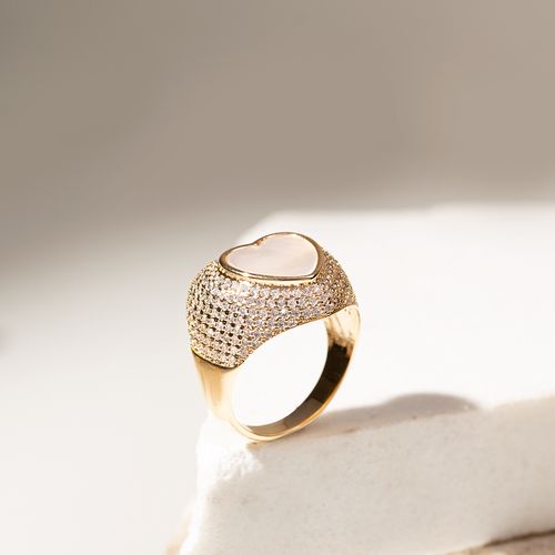 Anel Mindinho Coração Cheio Madrepérola Banho de Ouro 18k