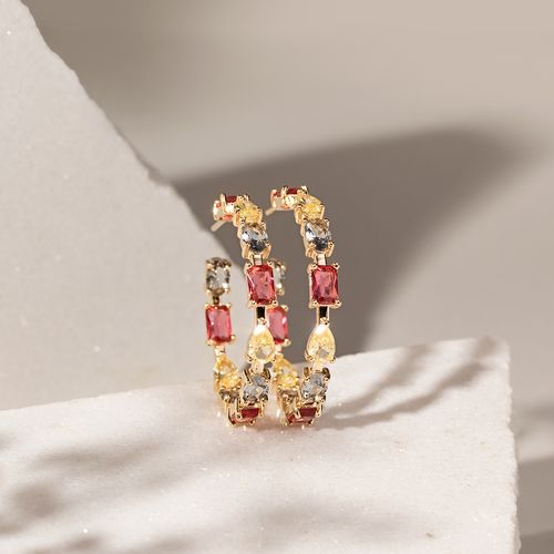 Brinco Argola Cristais de Turmalina Rosa, Ametista e Citrino em Formas Banho de Ouro 18k