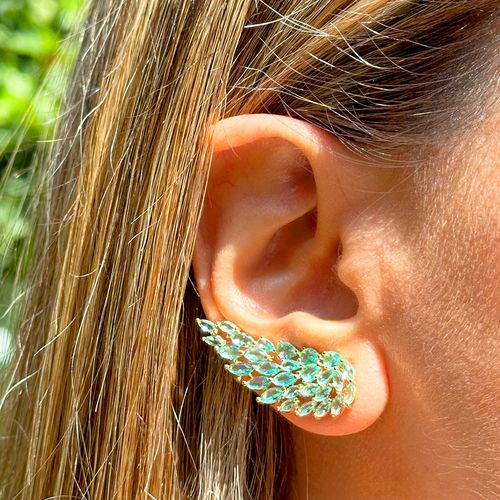 Brinco Ear Cuff Asas Cristal Paraíba Navetes Banho Ouro 18k