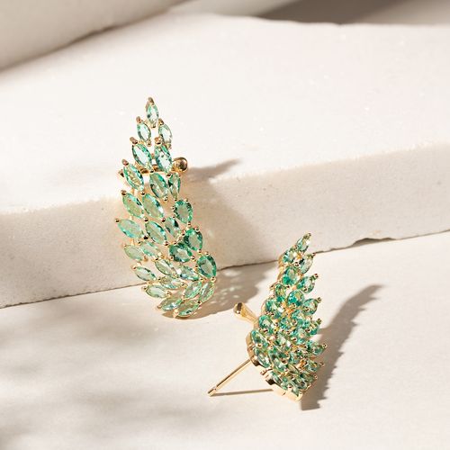 Brinco Ear Cuff Asas Cristal Paraíba Navetes Banho Ouro 18k