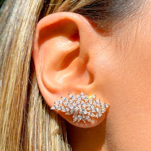 Brinco Ear Cuff Asa Zircônia Branca Banho de Ouro 18k