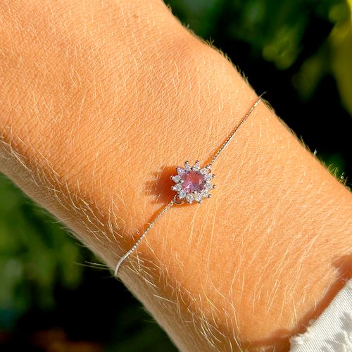 Pulseira Cristal Rodolita Borda cravejada com Zircônia Branca Prata 925 Tam 19cm