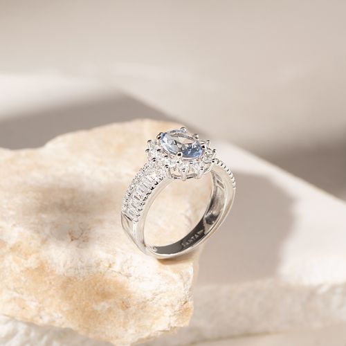 Anel Solitário Sol Cristal London Blue e Zircônia Branca Prata 925