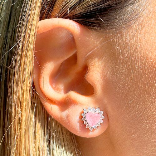 Brinco Coração Fusion Quartzo Rosa Borda Cravejada com Zircônia Branca Prata 925