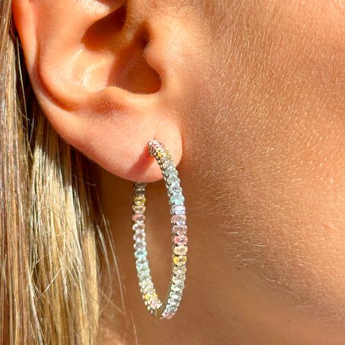 Brinco Argola Cristal Citrino e Cristal Tanzanita e Cristal Turmalina Rosa Pedras Ovais Prata 925