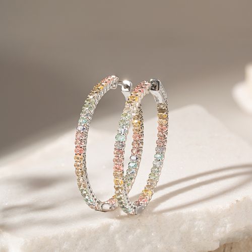 Brinco Argola Cristal Citrino e Cristal Tanzanita e Cristal Turmalina Rosa Pedras Ovais Prata 925