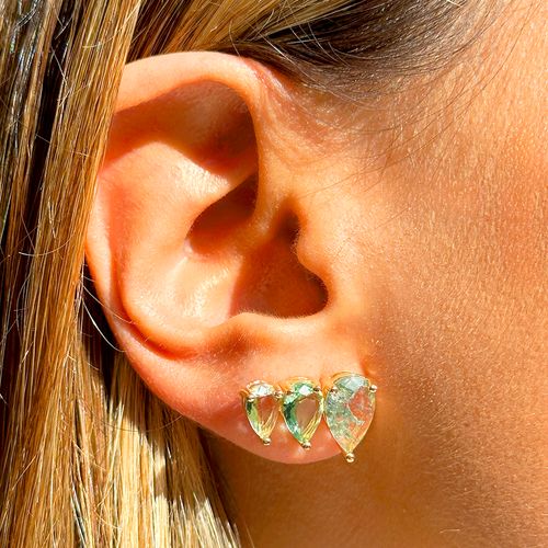 Brinco Ear Cuff 3 Gotas Cristal Rutilado Berilo e Cristal Ametista Verde Banho de Ouro