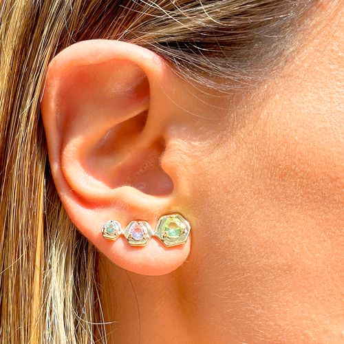 Brinco Ear Cuff Hexagono Cristal Berilo Banho de Ouro 18k