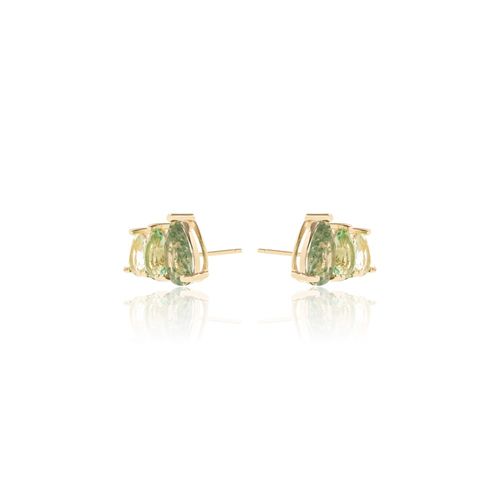 Brinco Ear Cuff 3 Gotas Cristal Rutilado Berilo e Cristal Ametista Verde Banho de Ouro