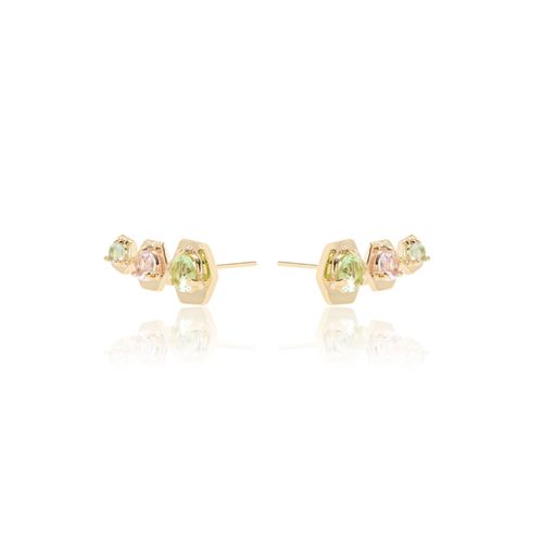 Brinco Ear Cuff Hexagono Cristal Berilo Banho de Ouro 18k