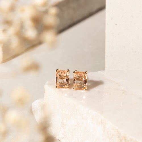 Brinco com Topo Retângulo 6x8 Cristal Morganita Banho de Ouro 18k