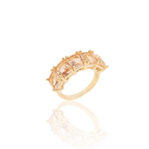 Anel com 5 Retângulos 6x8 Cristal Morganita Banho de Ouro 18k