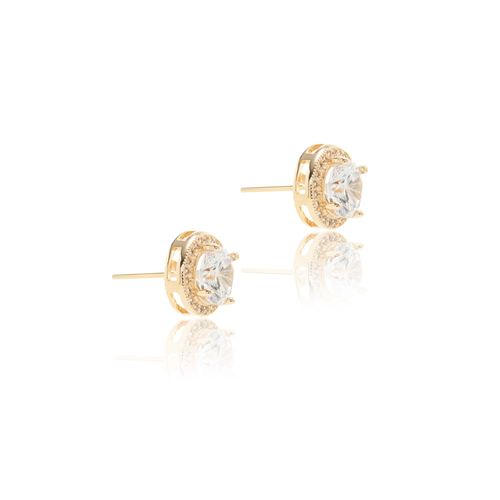 Brinco Ponto de Luz Cravação Halo em Garras de Zircônia Branca Banho de Ouro 18k
