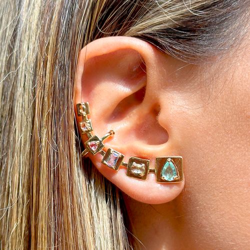 Brinco Ear Cuff Placas com Cristal Paraíba Cristal Rodolita e Cristal Tanzanita em Formas Banho de Ouro 18k