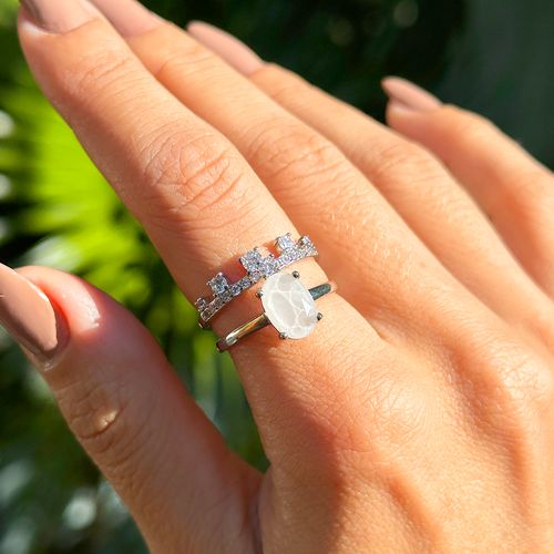 Anel Duplo Cristal Rutilado Pedra da Lua Oval - Banho de Ródio Branco