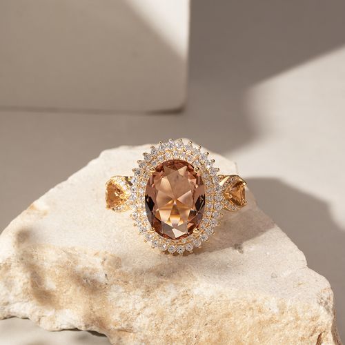 Anel Maxi Oval Cristal Rodolita com Zircônias Brancas - Banho de Ouro 18k