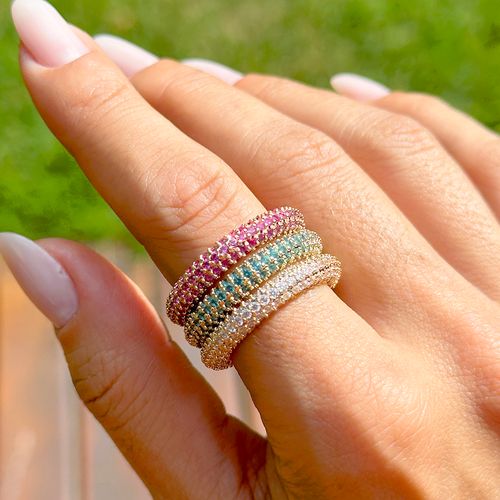 Kit 3 Anéis Alianças Inteiras Cravejadas com Zircônia Azul Claro, Zircônia Rosa e Zircônia Branca Banho de Ouro 18k