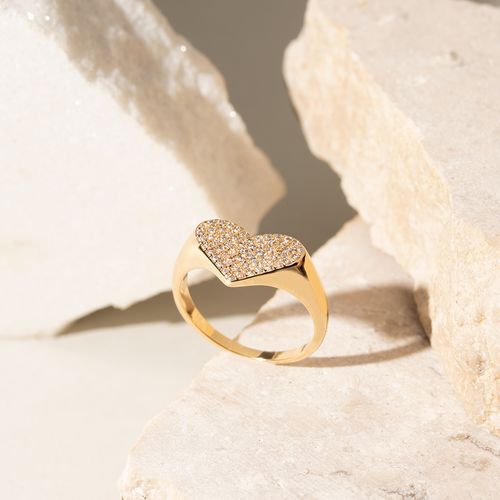 Anel Mindinho Coração Cheio Cravejado com Zircônias Brancas - Banho de Ouro 18k