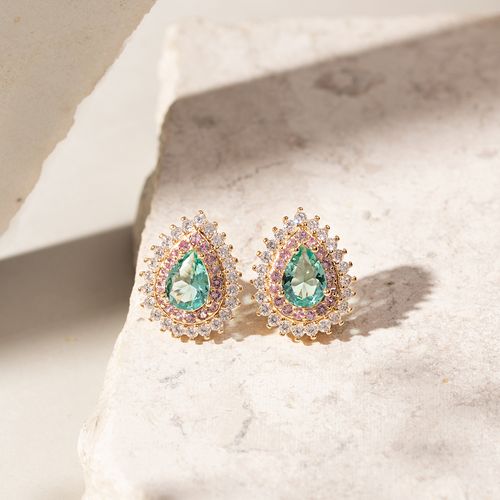 Brinco Gota com Cristal Paraíba e Borda Cravejada com Zircônia Branca e Rosa - Banho de Ouro 18k