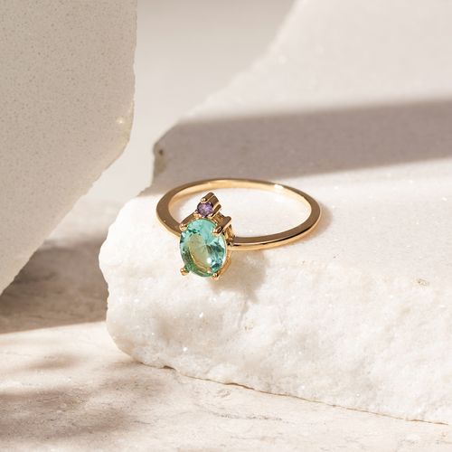 Anel Solitário de Cristal Paraíba e Zircônia Roxa - Banho de Ouro 18k