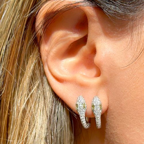 Brinco Argola Serpente Cristal Peridoto e Zircônia Branca - Prata 925