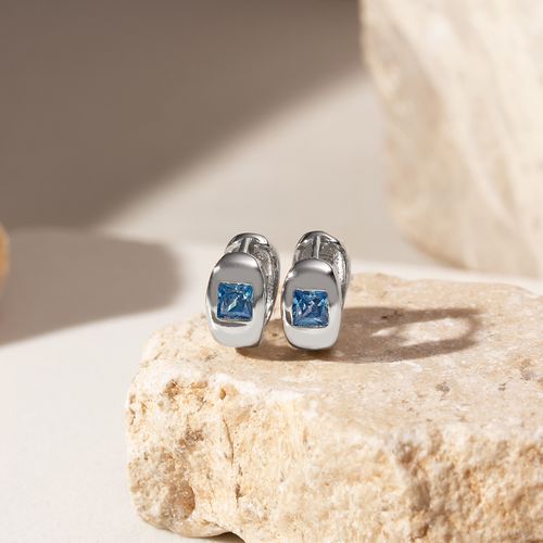 Brinco Argola com Quadrado de Cristal Topázio Azul - Prata 925