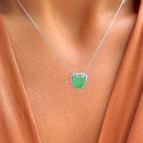 Colar Coração 10x10 Fusion Esmeralda Borda Cravejada com Zircônia Branca - 45cm - Prata 925
