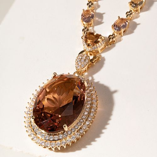 Colar Maxi Oval Cristal Rodolita com Formas em Cristal Citrino e Cristal Paraíba - 50 cm - Banho de Ouro 18k