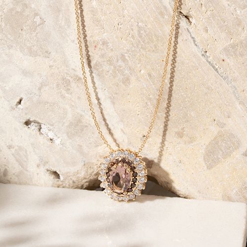 Colar Oval com Cristal Rodolita e Borda Cravejada com Zircônias Brancas e Chocolate - 46 cm - Banho de Ouro 18k