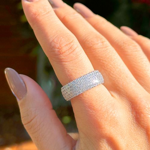 Anel Aliança Inteira com 5 Linhas Cravejadas com Zircônia Branca - Prata 925