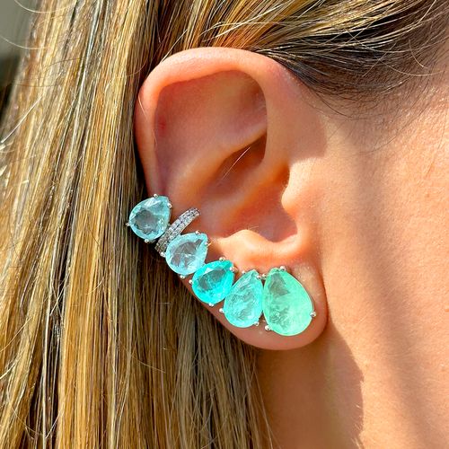 Brinco Ear Cuff Gotas de Fusion Turmalina Light, Fusion Turmalina e Fusion Esmeralda Colombiana - Prata 925