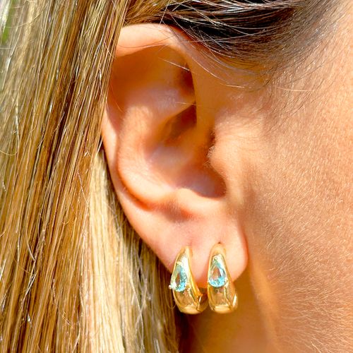 Brinco Argola Cristal Paraíba em Gota Cravação em Garras - Banho de Ouro 18k