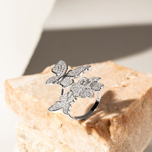 Anel Borboletas e Flores com Zircônias Brancas - Banho de Ródio Branco