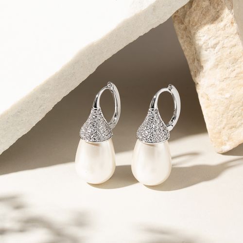 Brinco Argola Click Pêndulo de Pérola Shell - Banho de Ródio Branco
