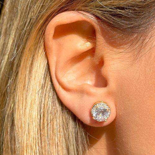 Conjunto Brinco e Colar Redondos com Zircônia Branca 8mm - 45cm - Banho de Ouro 18k
