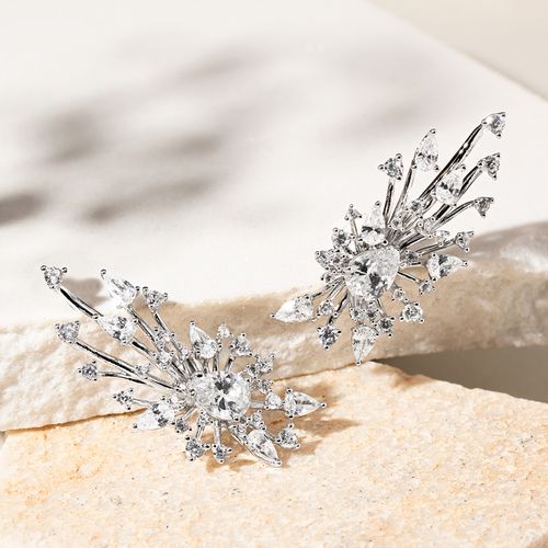 Brinco Raios Cravejados com Zircônias Brancas em Gotas - Banho de Ródio Branco