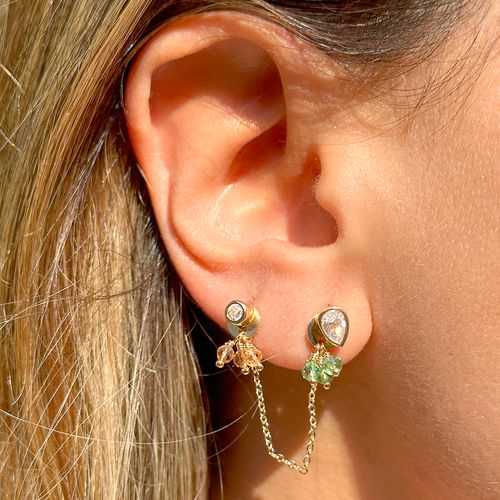 Brinco Ear Chain Zircônia Branca Gota e Redondo com Cristal Morganita e Cristal Berilo - Banho de Ouro 18k