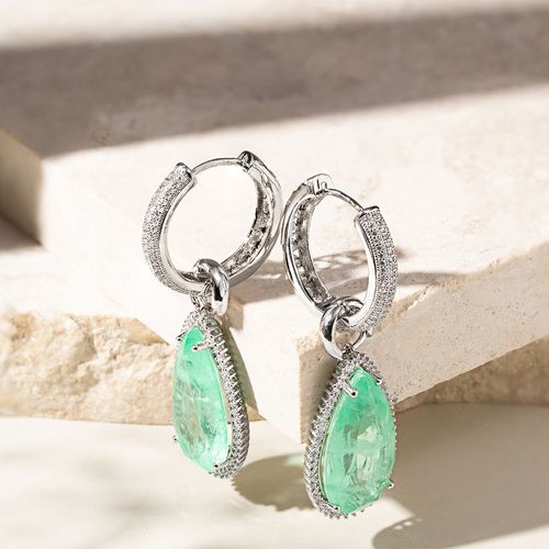 Brinco Gota de Fusion Esmeralda Colombiana Cravejado com Zircônias Brancas