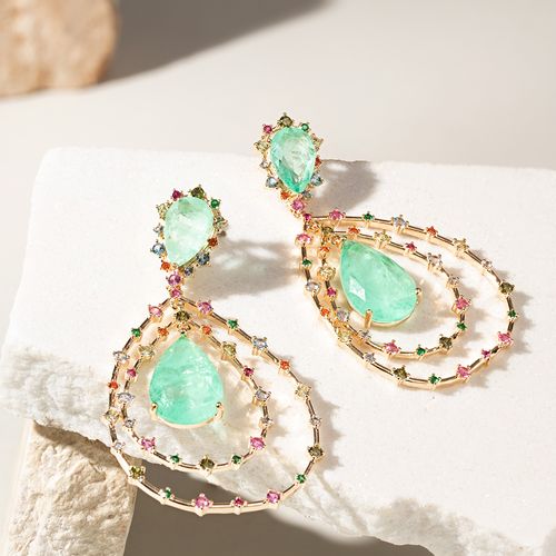 Brinco Gota Fusion Turmalina com Zircônias Coloridas - Banho de Ouro 18k
