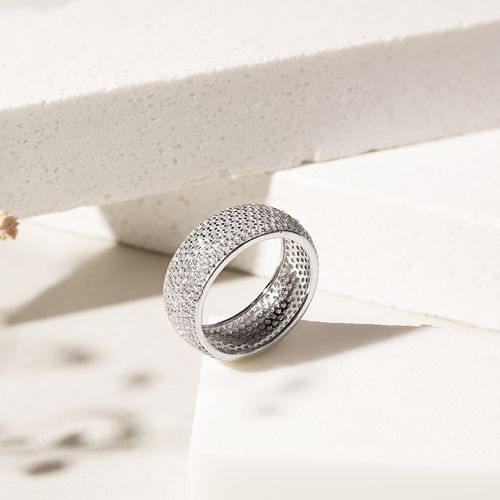 Anel Cravejado com Zircônias Brancas e 7 Fileiras - Prata 925  aro19