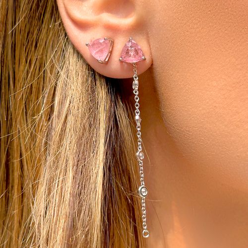 Brinco Ear Chain Fusion Quartzo Rosa Top Triângulo com Zircônias Brancas - Prata 925