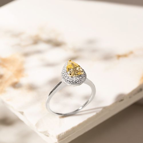 Anel de Cristal Citrino em Gota com Borda Cravejada - Prata 925 com Banho de Ródio Branco