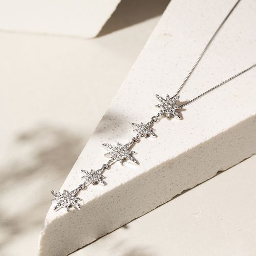 Colar com 5 Estrelas de 8 Pontas com Zircônia Branca - 50cm - Prata 925